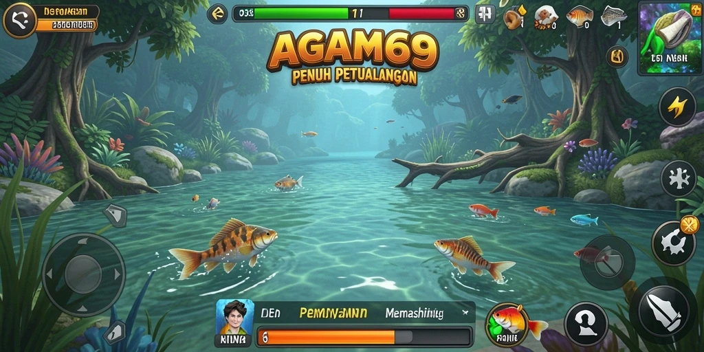 Screenshot AGAM69 menunjukkan pemain menangkap ikan di lokasi memancing yang indah.
