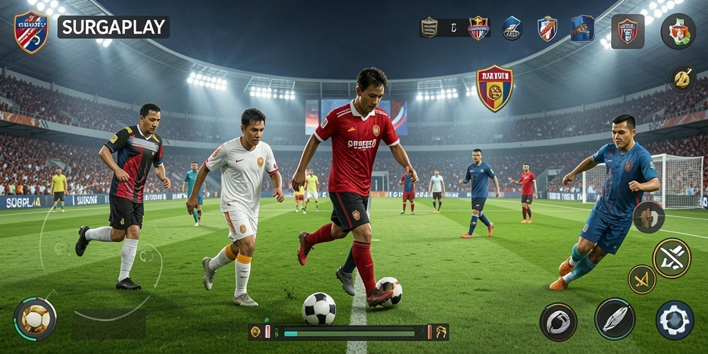 Screenshot utama SURGAPLAY yang menampilkan gameplay sepak bola yang menarik.